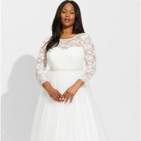 Beautiful Ivory Lace & Tulle Beaded Sash A-Line Wedding Dress sz.18 - Picture 2 of 13